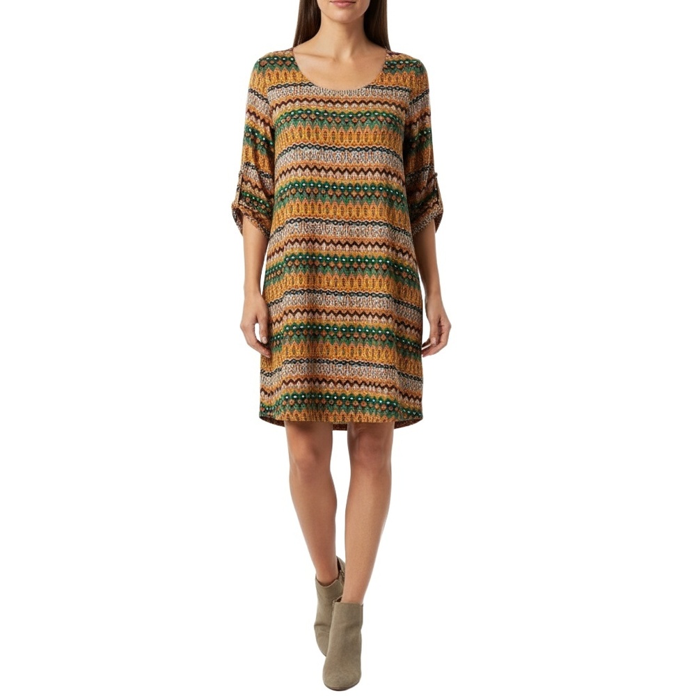 Alya Ikat Shift Dress Women M Orange Green Boho 3/4 Roll Tab Sleeve Made in USA